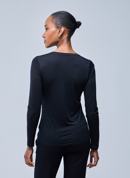 T-shirt Noir Col V Manches Longues en Lyocel / Laine vierge - MAJESTIC FILATURES