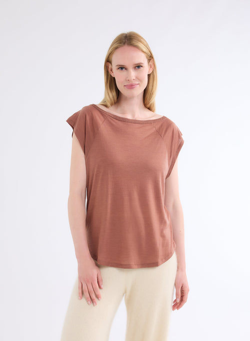 Camiseta Terracota Cuello Barco Manga Corta en Lana y Lyocell - MAJESTIC FILATURES