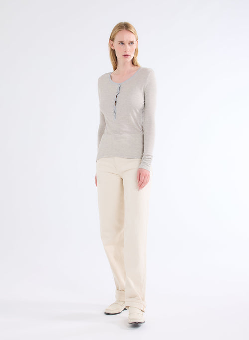 Grey / Beige U-Neck Long Sleeve Viscose T-Shirt - MAJESTIC FILATURES