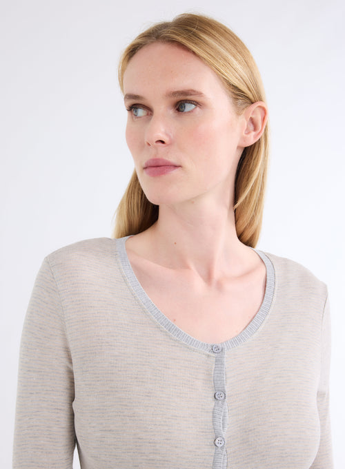 Grey / Beige U-Neck Long Sleeve Viscose T-Shirt - MAJESTIC FILATURES