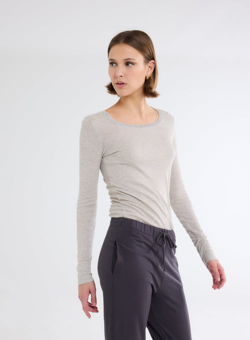 T-shirt Gris / Beige Col U Manches Longues en Viscose - MAJESTIC FILATURES