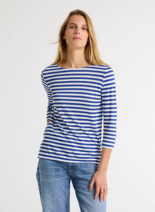 Tee shirt Bleu Col Bateau Manches Trois quarts en Lin / Elasthanne - MAJESTIC FILATURES