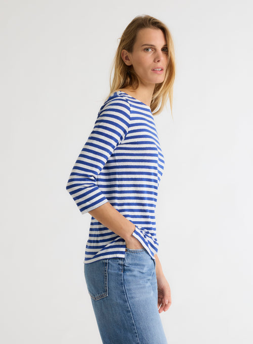 Tee shirt Bleu Col Bateau Manches Trois quarts en Lin / Elasthanne - MAJESTIC FILATURES