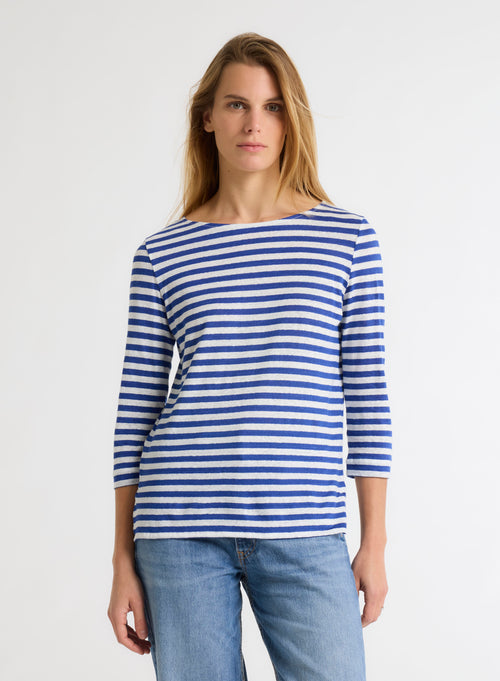 Blue Three-quarter sleeve boat-neck tee shirt in linen / Elastane - MAJESTIC FILATURES