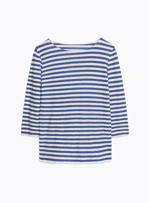 Blue Three-quarter sleeve boat-neck tee shirt in linen / Elastane - MAJESTIC FILATURES