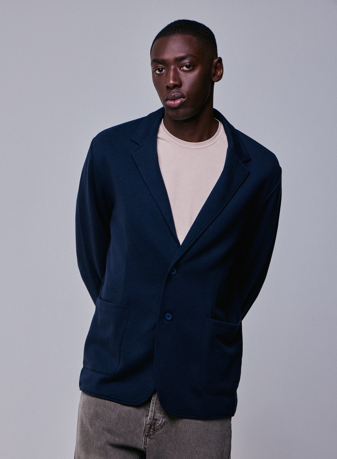 Navy Collar Jacket Long Sleeve Jacket in Lyocell / Tencel