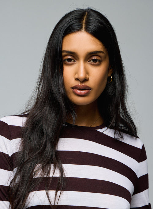 White / Purple Long Sleeves Round Neck T-shirt in Viscose / Cashmere - MAJESTIC FILATURES