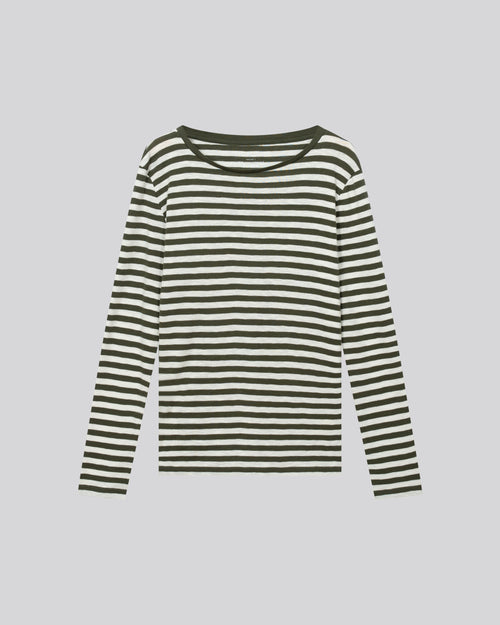 Green / White Stripped Round Neck Long Sleeves T-shirt in Organic Cotton - MAJESTIC FILATURES