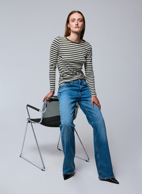 Green / White Stripped Round Neck Long Sleeves T-shirt in Organic Cotton - MAJESTIC FILATURES