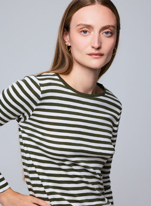 Green / White Stripped Round Neck Long Sleeves T-shirt in Organic Cotton - MAJESTIC FILATURES