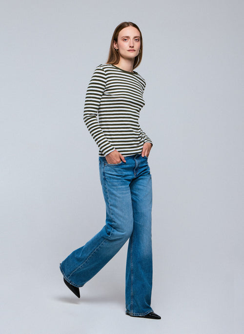 Green / White Stripped Round Neck Long Sleeves T-shirt in Organic Cotton - MAJESTIC FILATURES