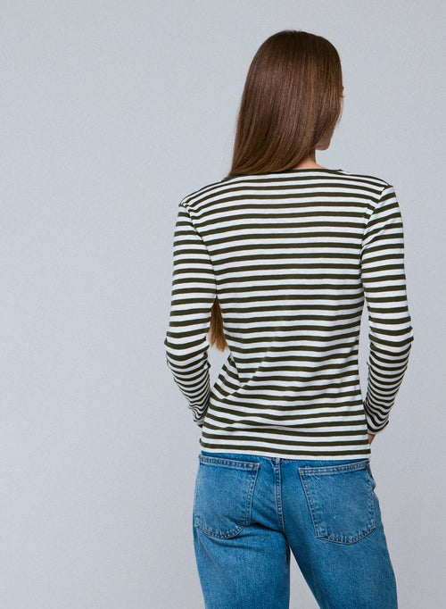 Green / White Stripped Round Neck Long Sleeves T-shirt in Organic Cotton - MAJESTIC FILATURES