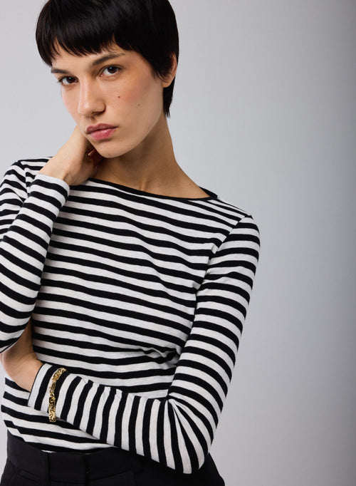 T-shirt Marinière Noir / Beige Col Rond Manches Longues en Coton organique - MAJESTIC FILATURES