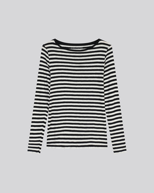 Black / Beige Stripped Round Neck Long Sleeves T-shirt in Organic Cotton - MAJESTIC FILATURES