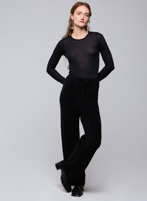 Black Round Neck Long Sleeves T-shirt in Viscose / Cashmere - MAJESTIC FILATURES