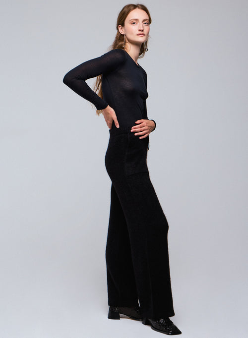 Black Round Neck Long Sleeves T-shirt in Viscose / Cashmere - MAJESTIC FILATURES