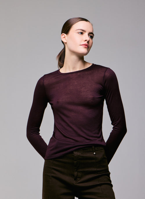 T-shirt Aubergine Col Rond Manches Longues en Viscose / Cachemire - MAJESTIC FILATURES