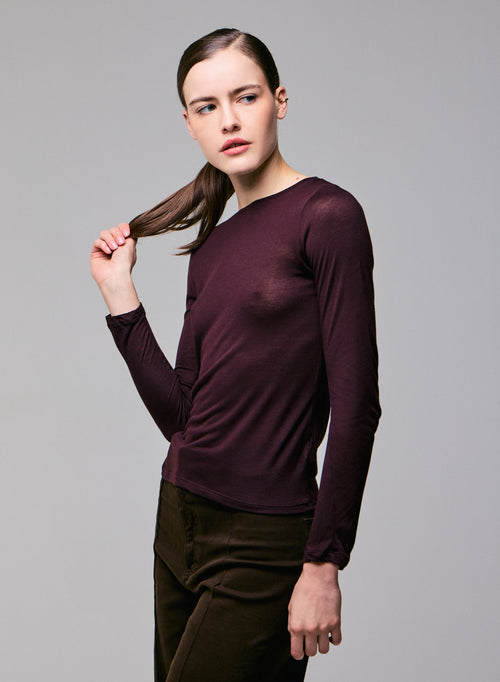 Purple Round Neck Long Sleeves T-shirt in Viscose / Cashmere - MAJESTIC FILATURES