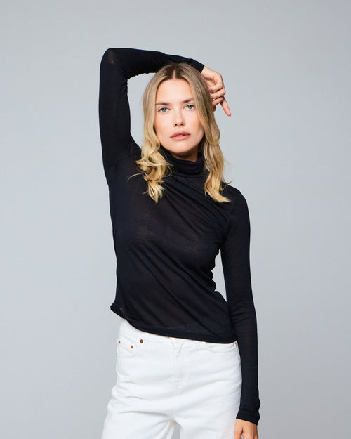 Schwarzes langärmeliges Rollkragen-T-Shirt aus Viskose / Kaschmir - MAJESTIC FILATURES