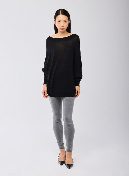 Black Sweater Boat Neck Long Sleeves in Merino Wool - MAJESTIC FILATURES