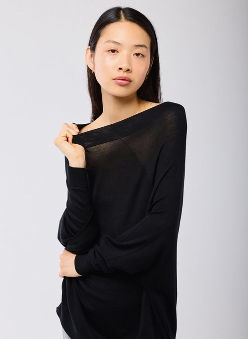 Pull Noir Col Bateau Manches Longues en Laine merinos - MAJESTIC FILATURES