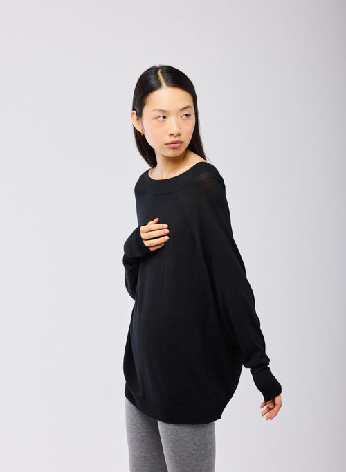 Black Sweater Boat Neck Long Sleeves in Merino Wool - MAJESTIC FILATURES