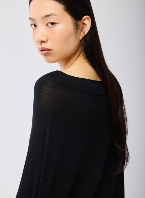 Black Sweater Boat Neck Long Sleeves in Merino Wool - MAJESTIC FILATURES