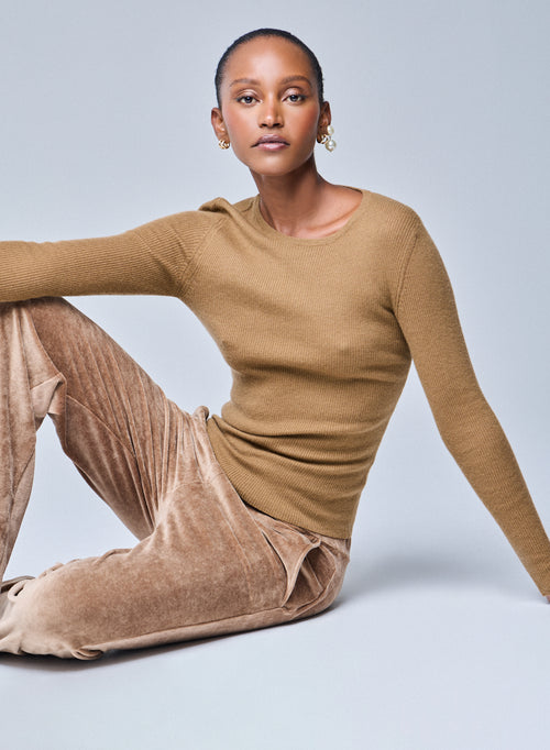 Beige Long Sleeve Round Neck T-Shirt in Cashmere - MAJESTIC FILATURES