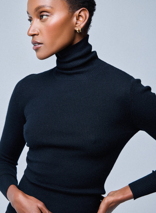 Camiseta negra de manga larga de cachemir con cuello alto - MAJESTIC FILATURES