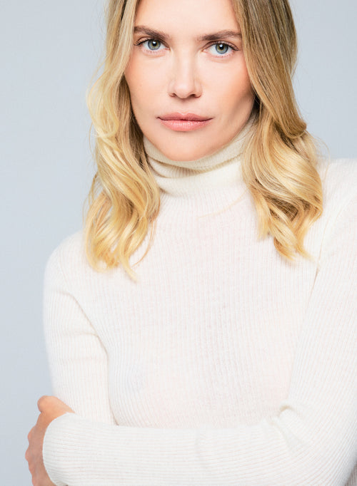 White Cashmere Long Sleeve High Neck T-Shirt - MAJESTIC FILATURES