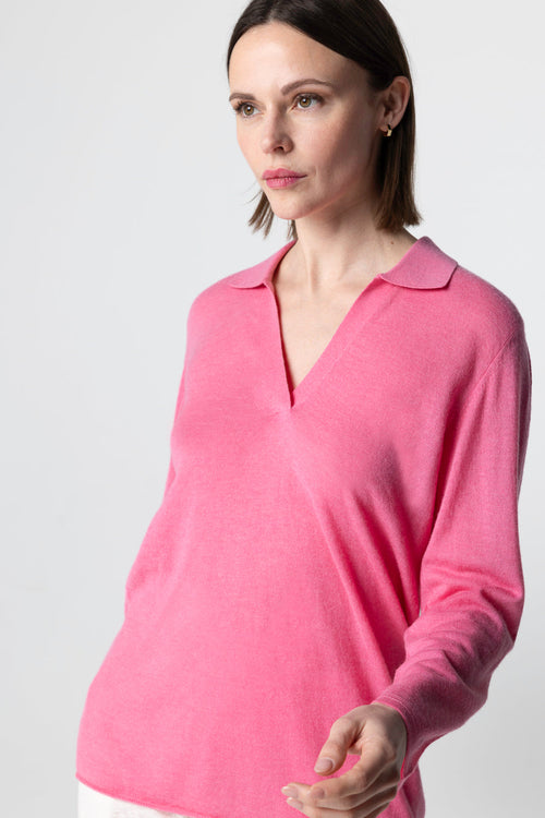 Pink Polo Shirt with Three-Quarter Sleeves in Cashmere - MAJESTIC FILATURES