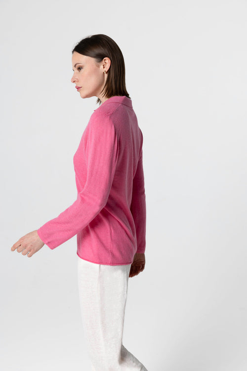 Pink Polo Shirt with Three-Quarter Sleeves in Cashmere - MAJESTIC FILATURES