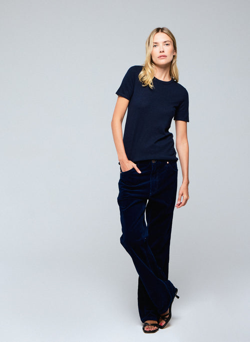 Navy Round Neck Short Sleeves T-shirt in Cashmere - MAJESTIC FILATURES