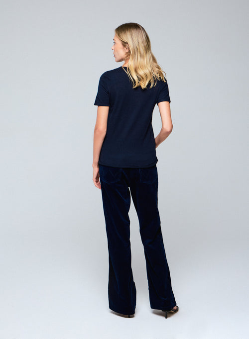 Navy Round Neck Short Sleeves T-shirt in Cashmere - MAJESTIC FILATURES