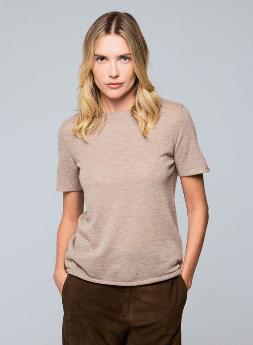 T-shirt Beige Col Rond Manches Courtes en Cachemire - MAJESTIC FILATURES