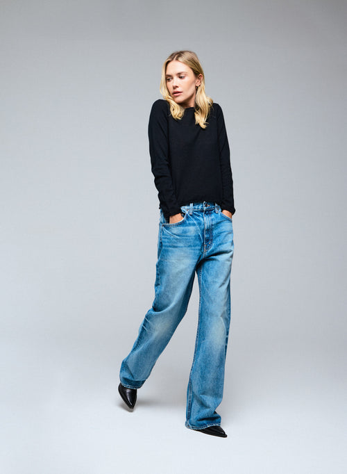 Schwarzes langärmeliges Kaschmir-T-Shirt mit Rundhalsausschnitt - MAJESTIC FILATURES