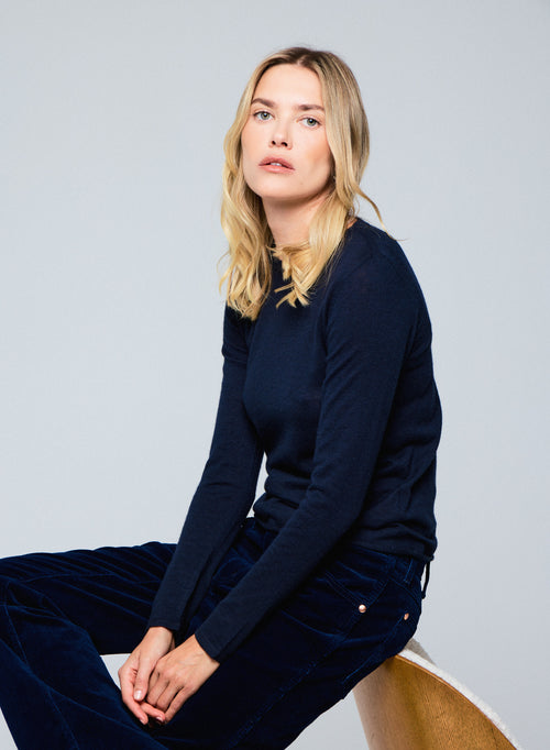 T-shirt Marine Col Rond Manches Longues en Cachemire - MAJESTIC FILATURES