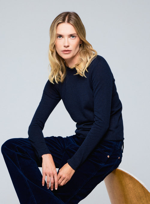 Navy blue Long Sleeves Round Neck T-shirt in Cashmere - MAJESTIC FILATURES
