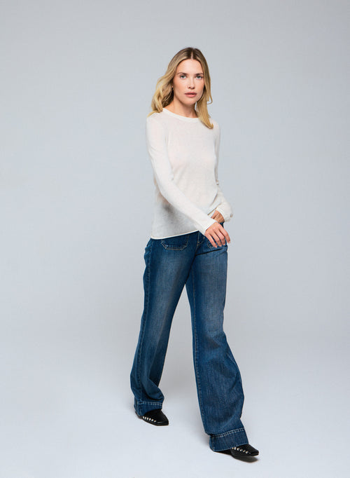 Camiseta de cachemir de manga larga con cuello redondo blanco - MAJESTIC FILATURES