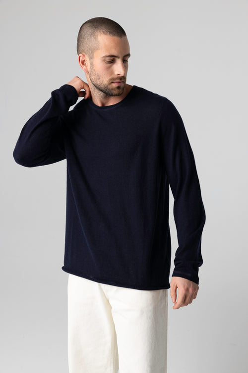 Navy Long Sleeves Round Neck T-shirt in Cashmere - MAJESTIC FILATURES