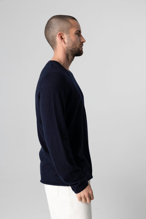 Navy Long Sleeves Round Neck T-shirt in Cashmere - MAJESTIC FILATURES