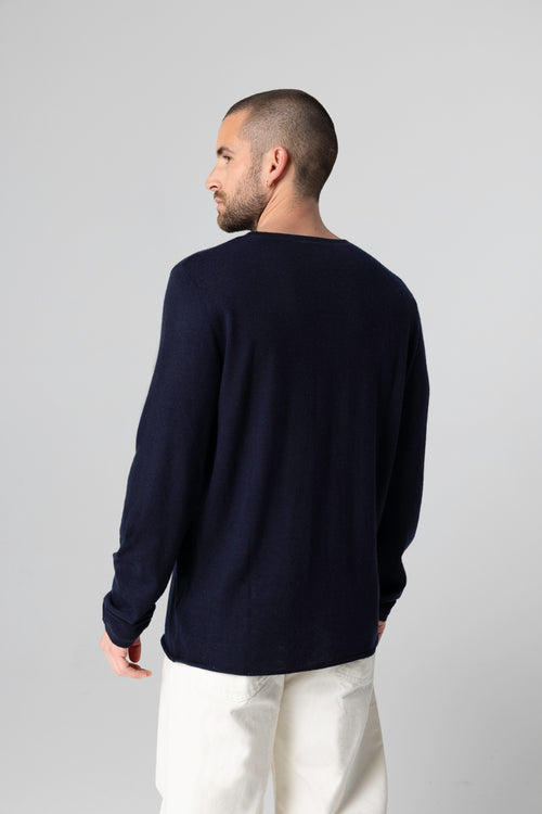Navy Long Sleeves Round Neck T-shirt in Cashmere - MAJESTIC FILATURES
