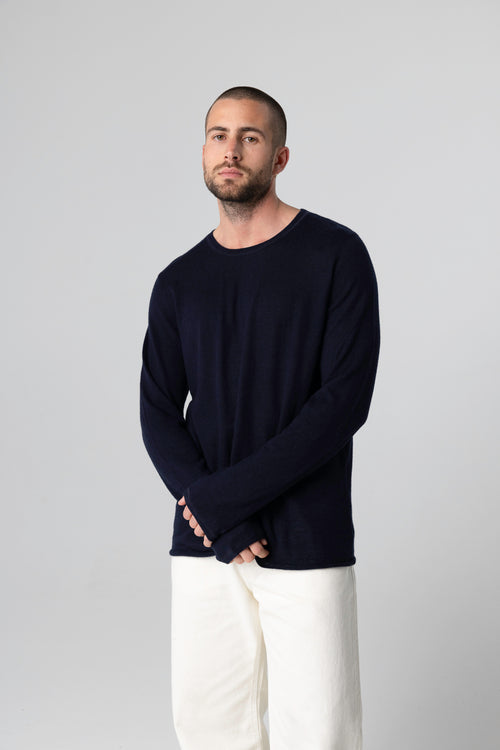 Navy Long Sleeves Round Neck T-shirt in Cashmere - MAJESTIC FILATURES