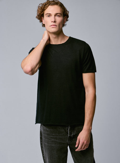 Black Round Neck Short Sleeve Cashmere T-Shirt - MAJESTIC FILATURES