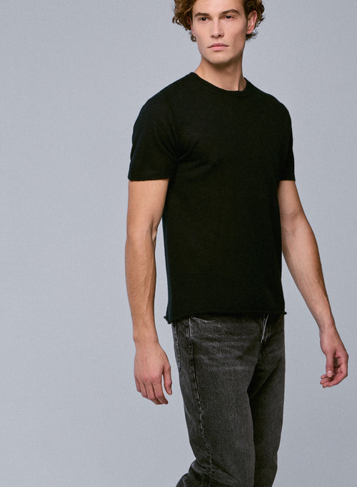 Black Round Neck Short Sleeve Cashmere T-Shirt - MAJESTIC FILATURES