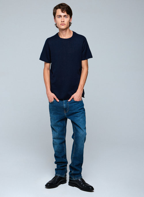 Marineblaues Kaschmir-T-Shirt mit Rundhalsausschnitt und kurzen Ärmeln - MAJESTIC FILATURES