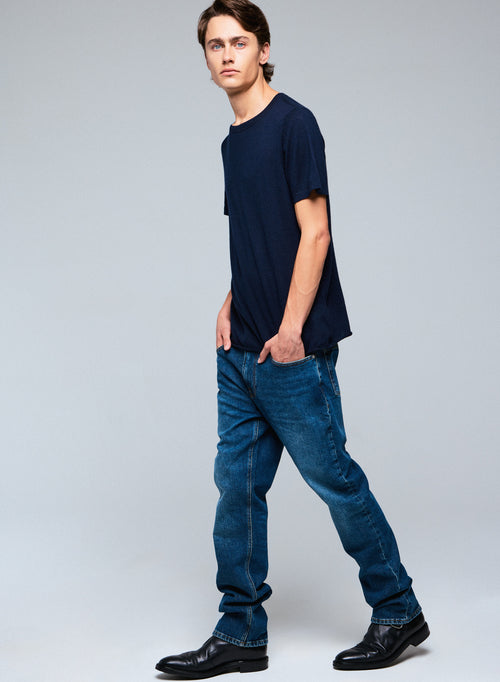 Marineblaues Kaschmir-T-Shirt mit Rundhalsausschnitt und kurzen Ärmeln - MAJESTIC FILATURES