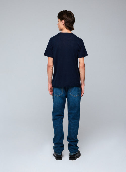 Marineblaues Kaschmir-T-Shirt mit Rundhalsausschnitt und kurzen Ärmeln - MAJESTIC FILATURES