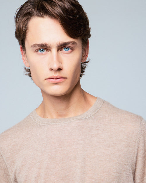 Beigefarbenes Kaschmir-T-Shirt mit Rundhalsausschnitt und kurzen Ärmeln - MAJESTIC FILATURES