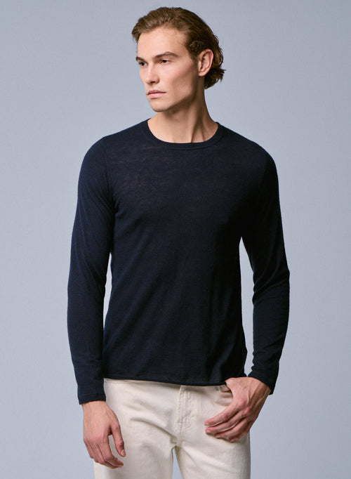 Navy Round Neck Short Sleeve Cashmere T-shirt - MAJESTIC FILATURES